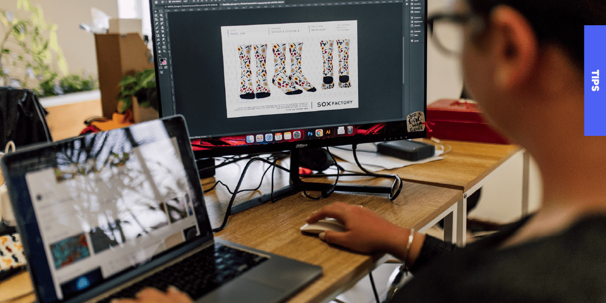 A designer working on a vibrant custom sock design on a computer screen, illustrating the endless creative possibilities for promotional gifts.