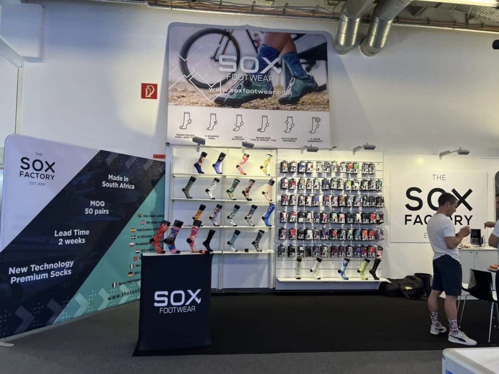 The Sox Factory's exhibition stand at the Eurobike Festival in Germany, showcasing our custom sock manufacturing and design capabilities to an international audience.