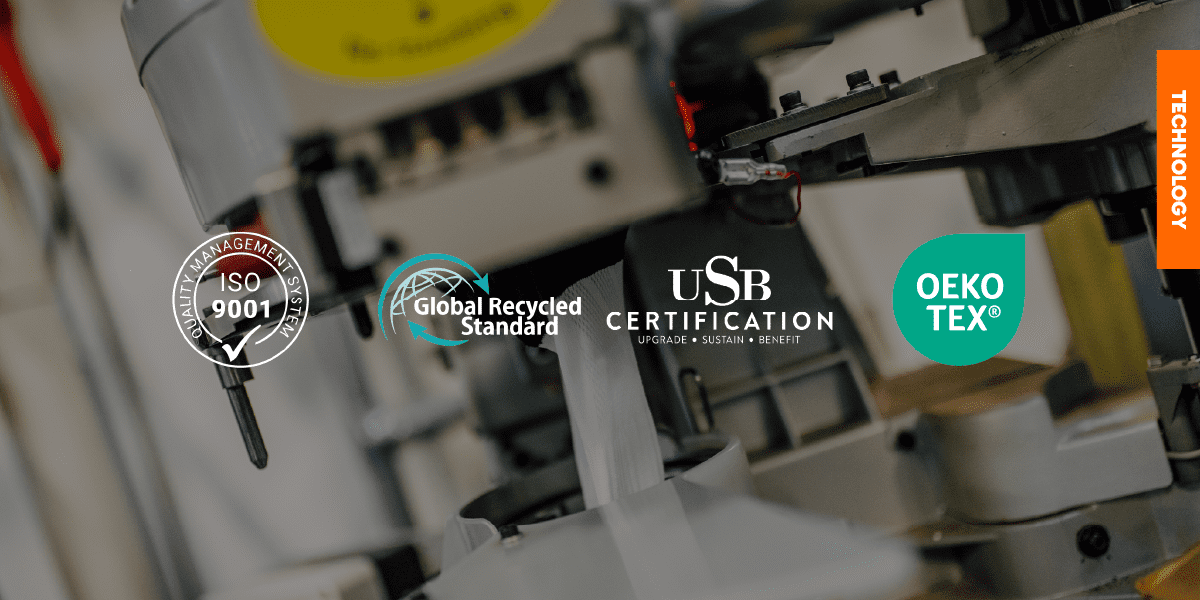 ISO 9001, GRS, and OEKO-TEX Certification Standards A close-up of a sock knitting machine with ISO 9001, OEKO-TEX, and GRS logos superimposed, highlighting our commitment to certified manufacturing standards.